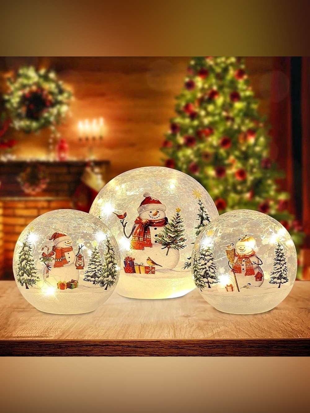 NWT Set of 3 Snowman Crackle Glass Ball with LED Lights Home Decor